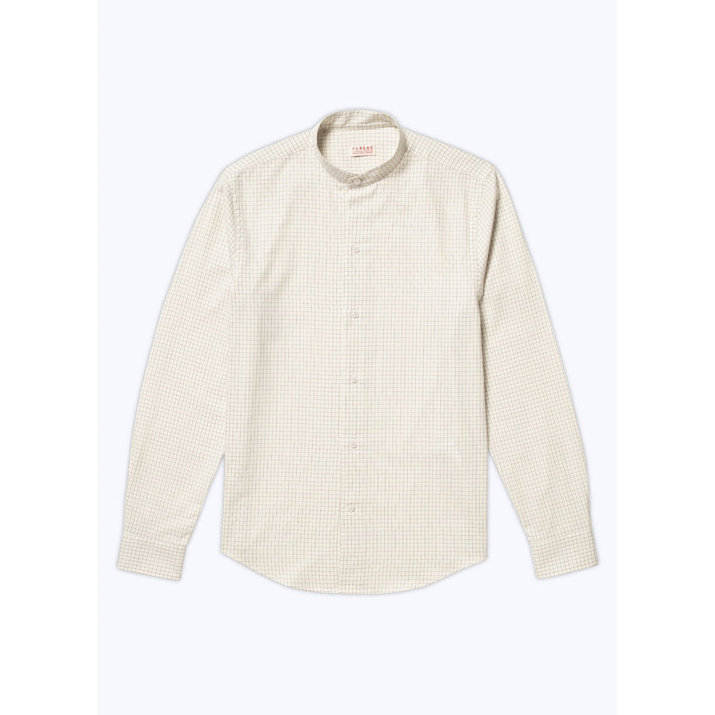 Grandfather Collar Shirt In Brushed Cotton - Ecru - Black Checks