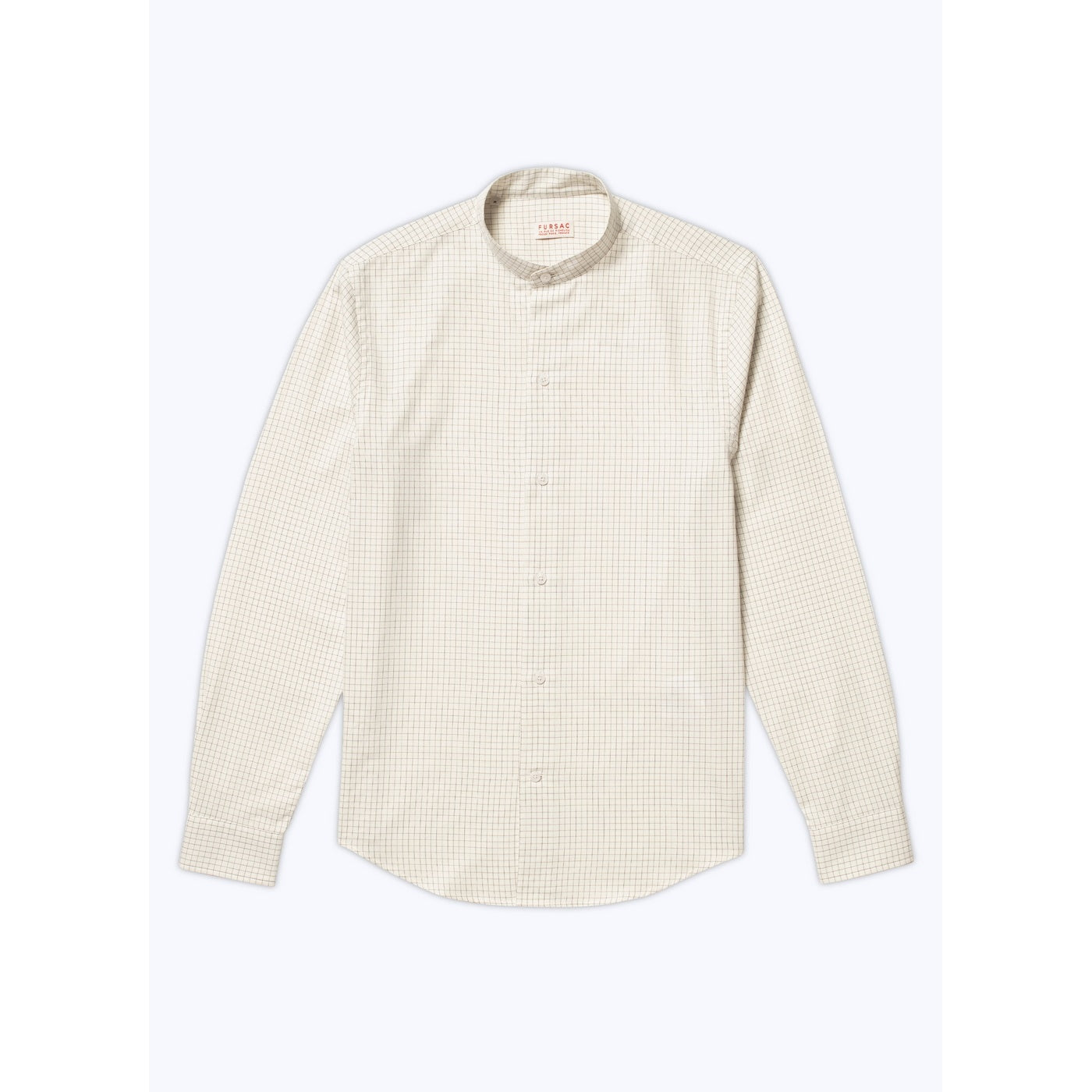Grandfather Collar Shirt In Brushed Cotton - Ecru - Black Checks