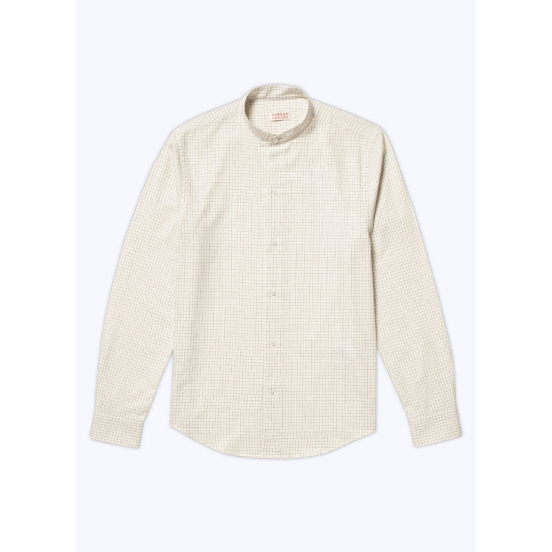 Chemise À Col Grand-Père En Coton Gratté - Ecru - Carreaux Noirs