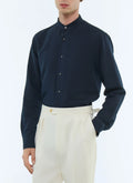 Camicia con Collo alla Coreana in Lino - Blu Marino