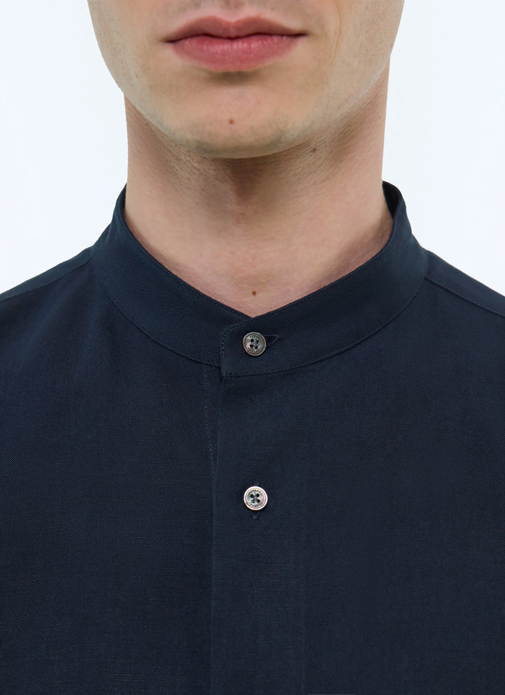 Camicia con Collo alla Coreana in Lino - Blu Marino