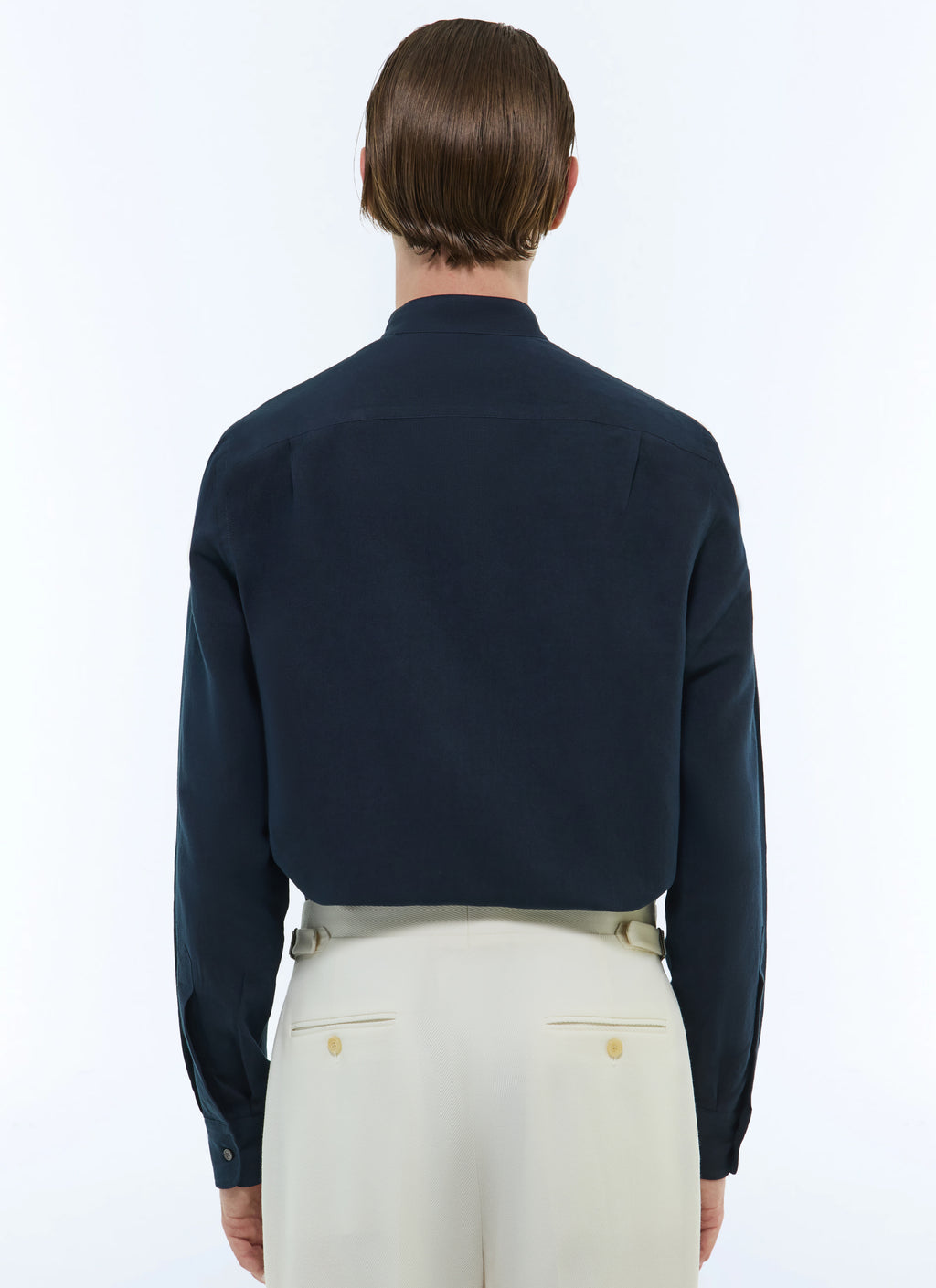 Camicia con Collo alla Coreana in Lino - Blu Marino