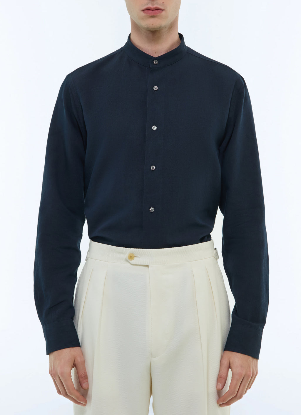 Camicia con Collo alla Coreana in Lino - Blu Marino