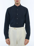 Camicia con Collo alla Coreana in Lino - Blu Marino