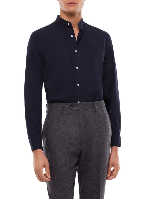 Camicia Alla Coreana In Flanella - Blu Navy