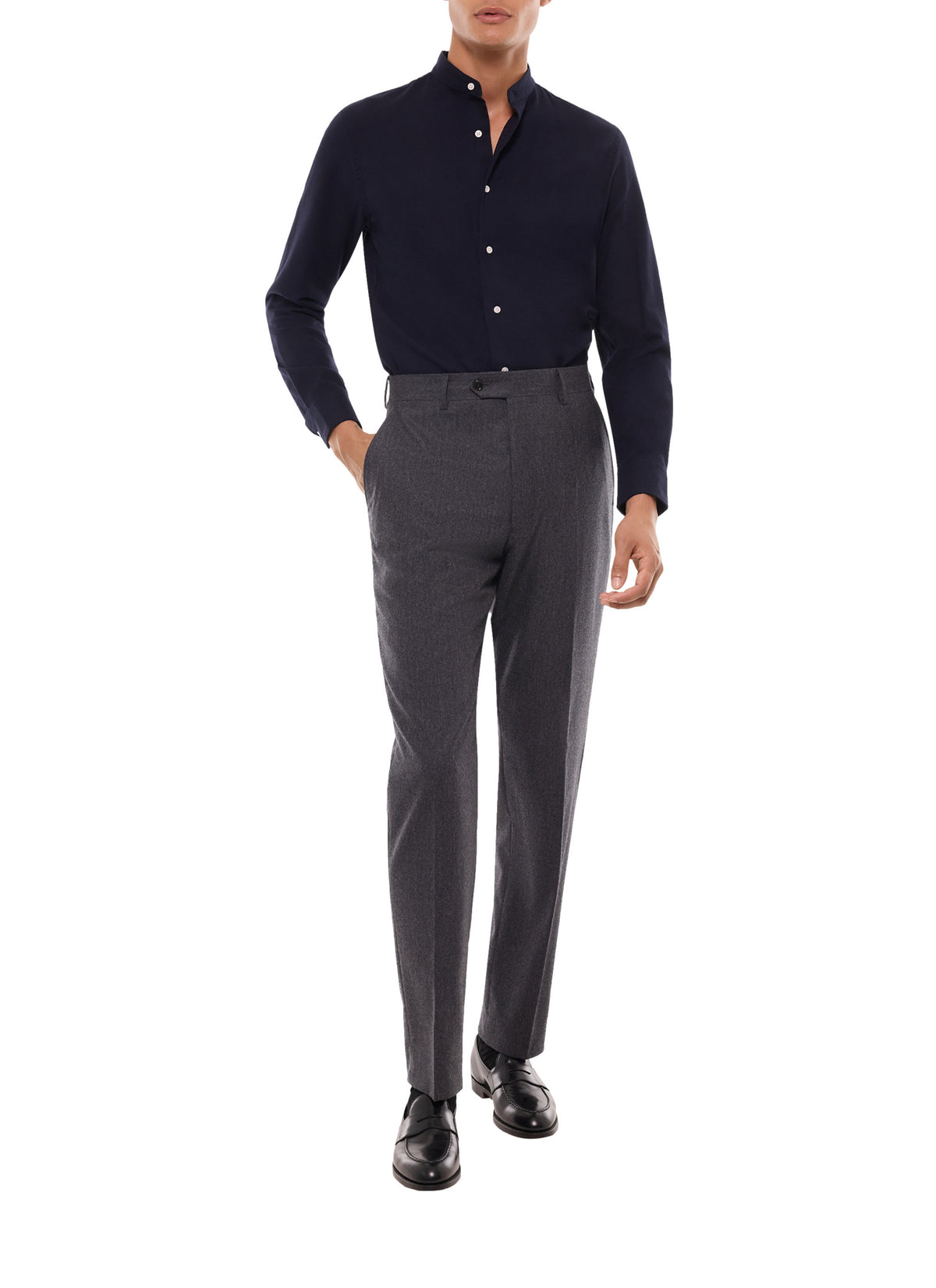 Camicia Alla Coreana In Flanella - Blu Navy