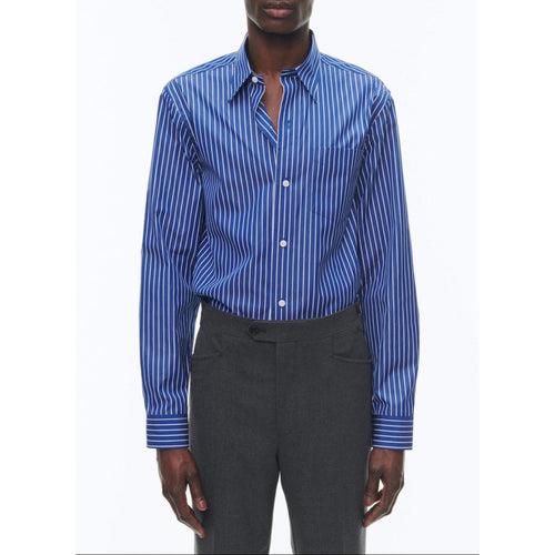 Chemise À Col Hirondelle En Coton - Bleu Cobalt - Rayures Blanches