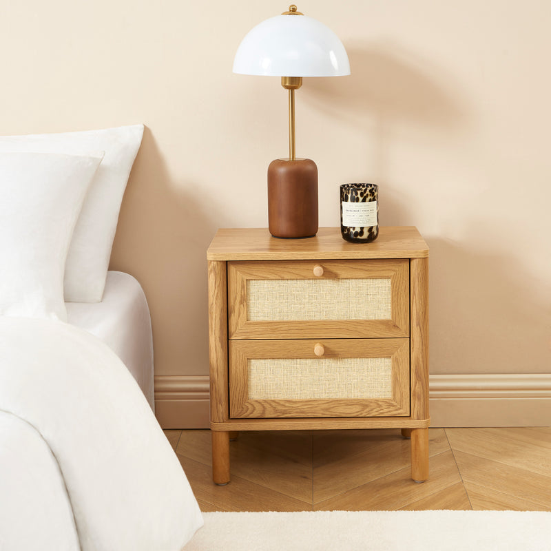 Bedside Table - Haida - Oak Effect and Rattan Cane - 2 Drawers