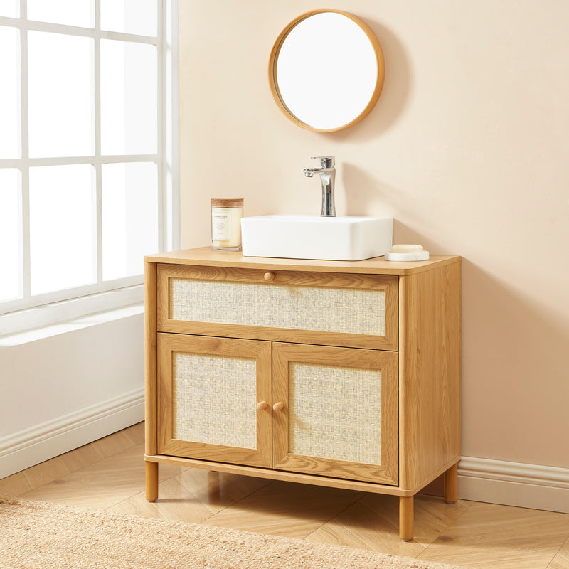 Meuble De Salle De Bain - Haida - Effet Chêne & Cannage Rotin