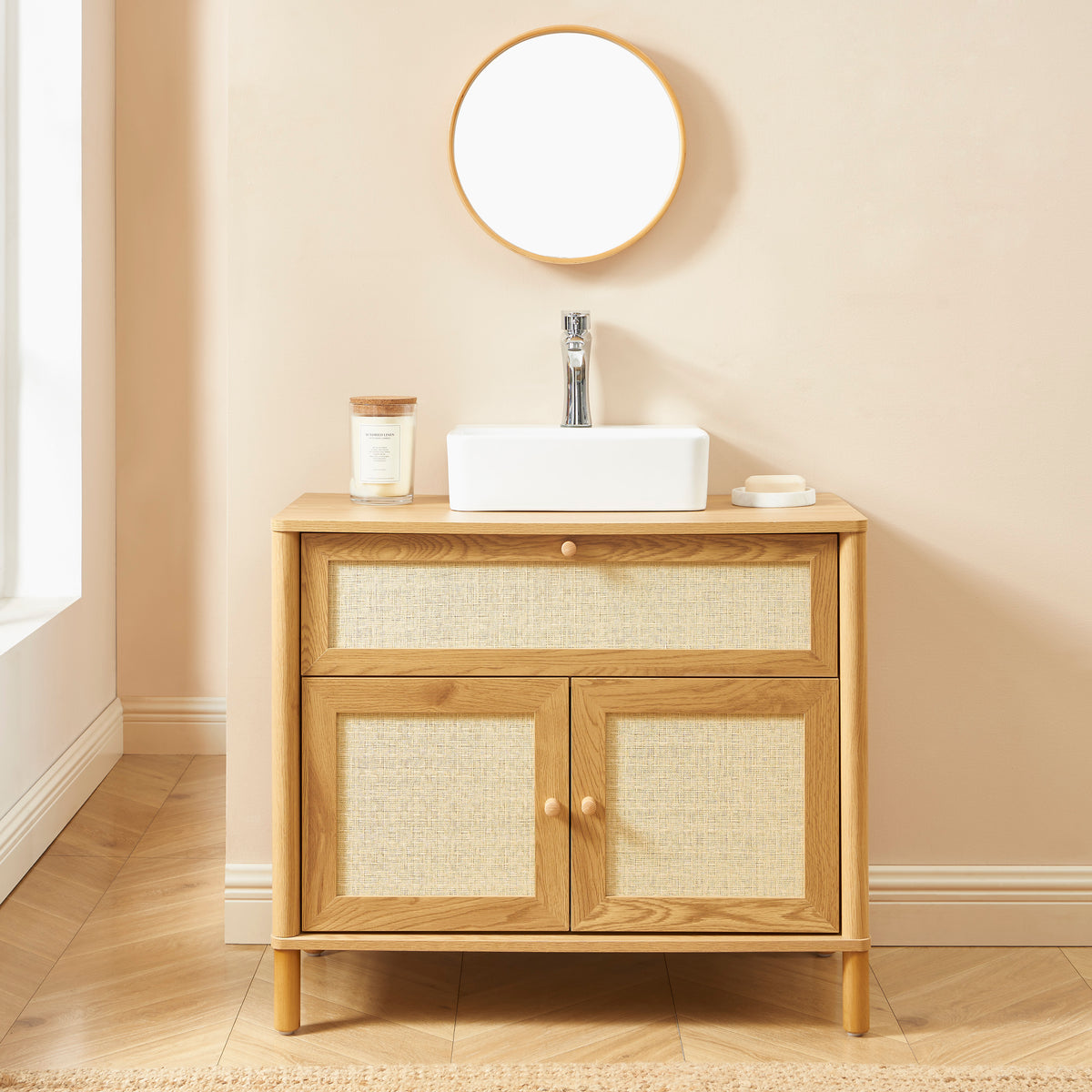 Haida - Bathroom Cabinet - Oak Effect and Rattan