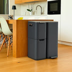 Kitchen trash can with pedal sorting recycling 60L (13+17+30L) HAJA in gray stainless steel with bucket
