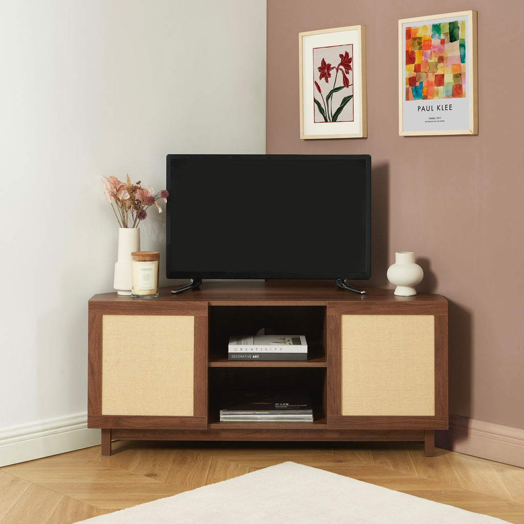 Haria - Mueble de TV esquinero - Efecto nogal y ratán