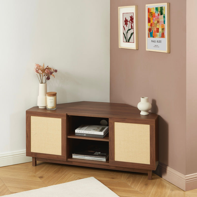 Meuble TV D'Angle - Haria - Effet Noyer & Rotin