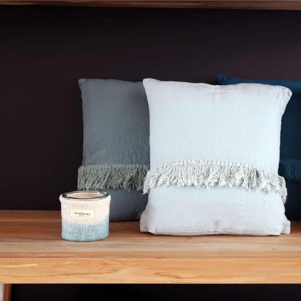 Washed Linen Cushion Cover with Fringed Finishes Hartyfrange - Aqua