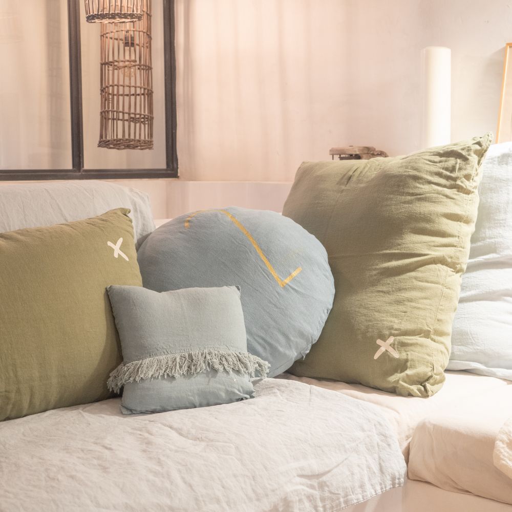 Washed Linen Cushion Cover with Fringed Finishes Hartyfrange - Aqua