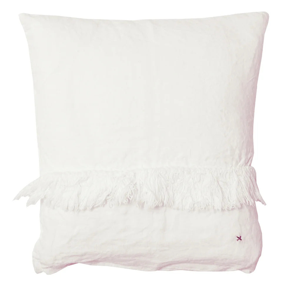 Washed Linen Cushion Cover with Fringed Finishes - Pink