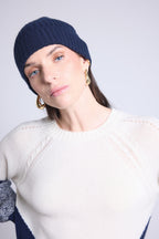 Unisex Topstitched Beanie Hat - Navy Blue White - Unisex