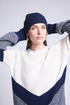 Unisex Topstitched Beanie Hat - Navy Blue White - Unisex