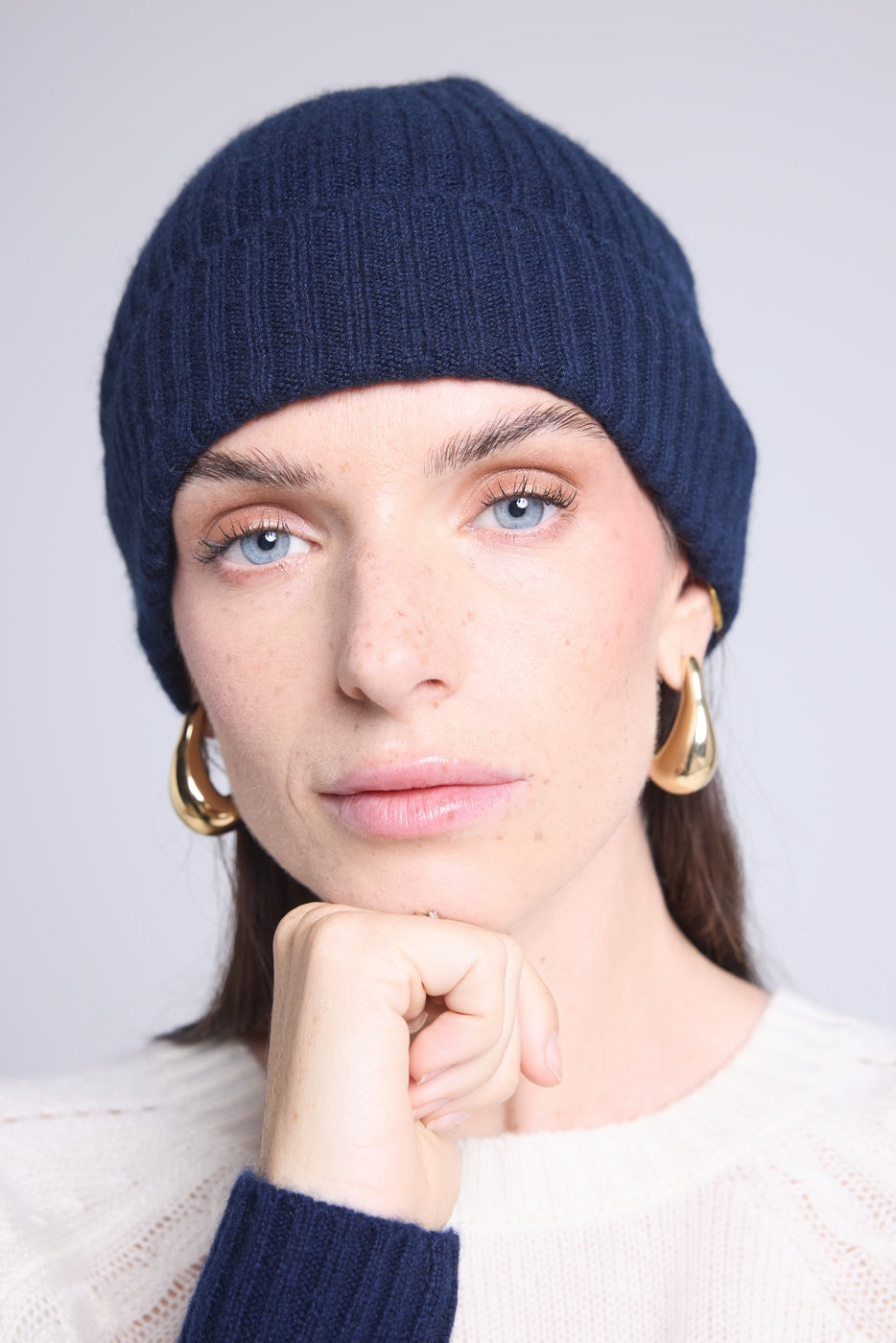 Unisex Topstitched Beanie Hat - Navy Blue White - Unisex