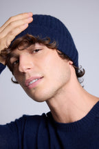 Unisex Topstitched Beanie Hat - Navy Blue White - Unisex