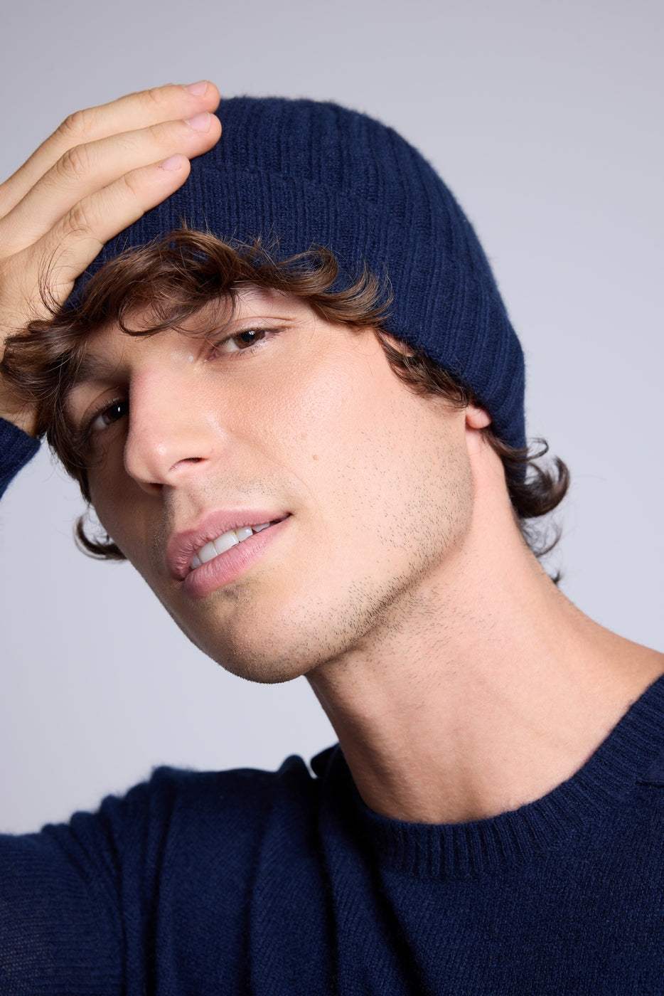 Unisex Topstitched Beanie Hat - Navy Blue White - Unisex