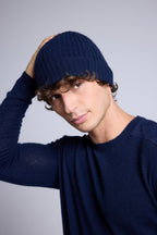 Unisex Topstitched Beanie Hat - Navy Blue White - Unisex