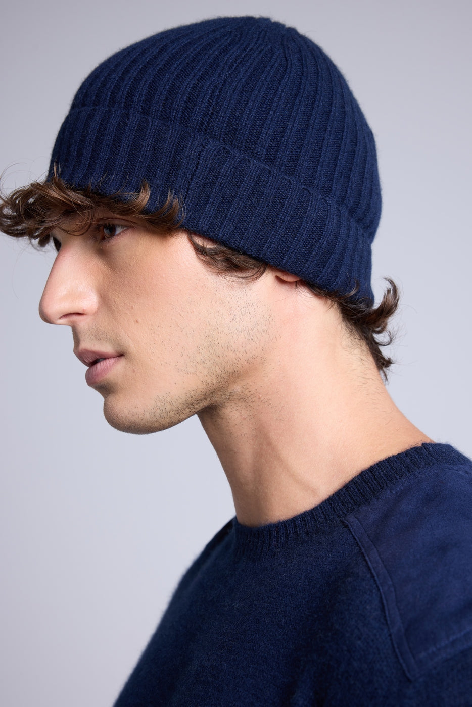 Unisex Topstitched Beanie Hat - Navy Blue White - Unisex