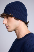 Unisex Topstitched Beanie Hat - Navy Blue White - Unisex