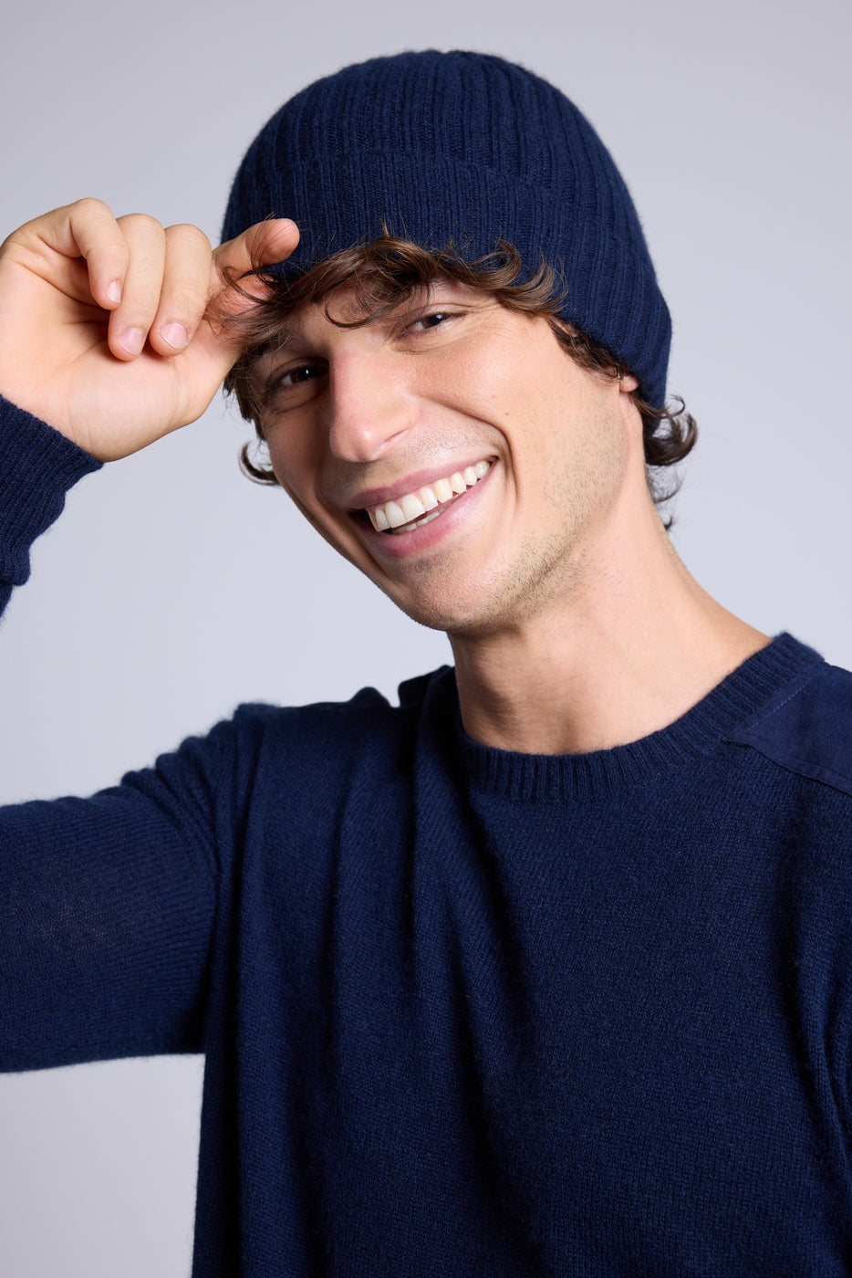 Unisex Topstitched Beanie Hat - Navy Blue White - Unisex