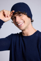 Unisex Topstitched Beanie Hat - Navy Blue White - Unisex