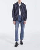 Navy Blue Striped Hawaiian Collar Shirt - Men
