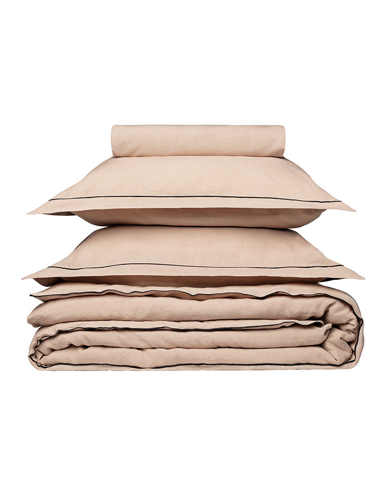 Housse De Couette - Lin - Finition Bourdon - Moka Liseré Noir