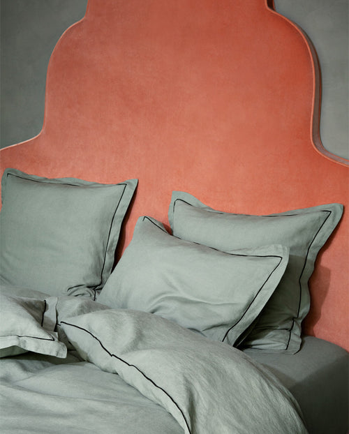 Housse De Couette - Lin - Finition Bourdon - Vert Sauge Liseré Noir