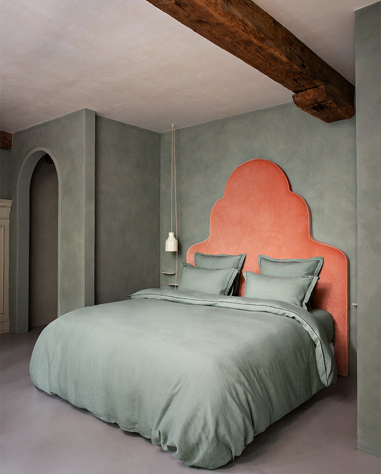 Housse De Couette - Lin - Finition Bourdon - Vert Sauge Liseré Noir