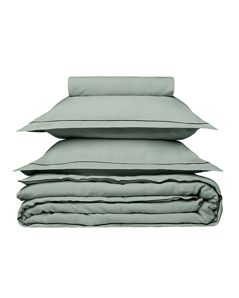 Housse De Couette - Lin - Finition Bourdon - Vert Sauge Liseré Noir