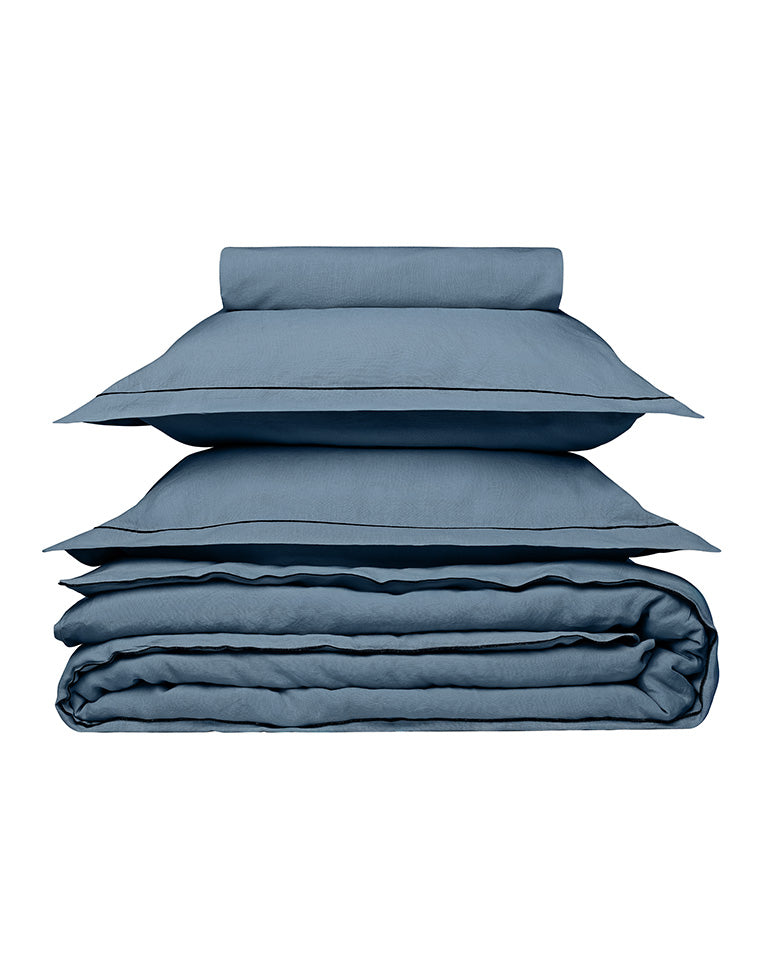 Housse De Couette - Lin - Finition Bourdon - Bleu Horizon Liseré Noir