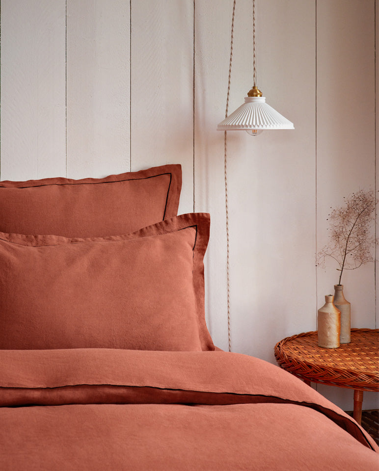 Housse De Couette - Lin - Finition Bourdon - Terracotta Liseré Noir