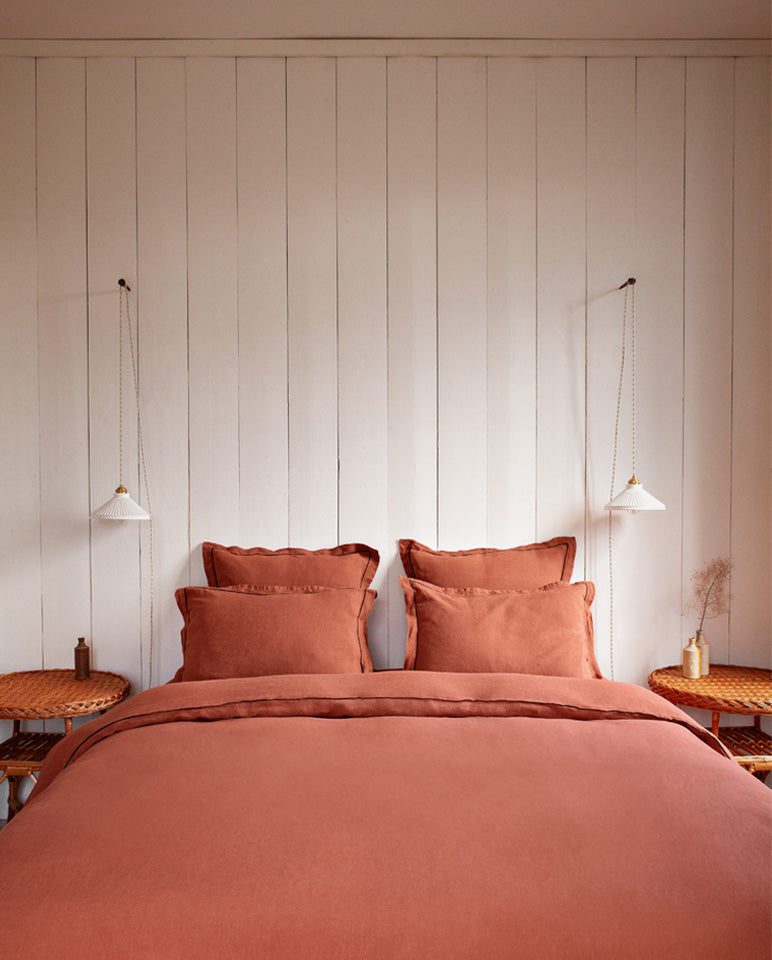 Housse De Couette - Lin - Finition Bourdon - Terracotta Liseré Noir
