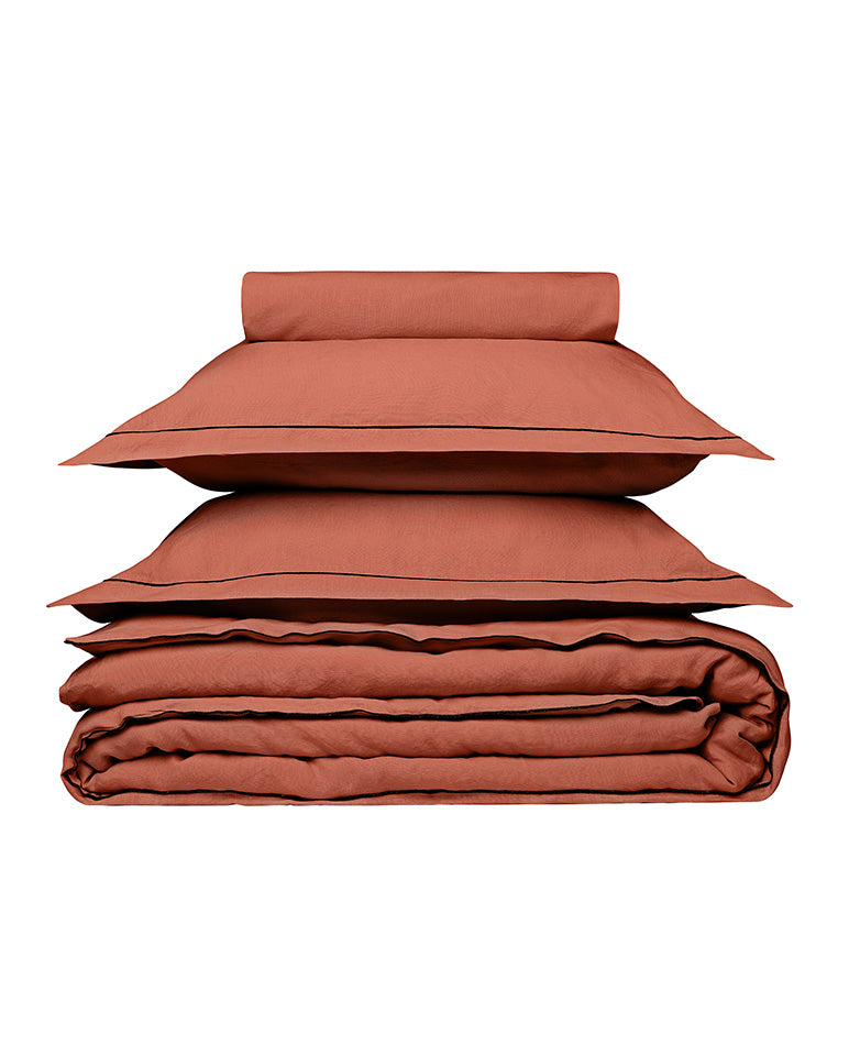 Housse De Couette - Lin - Finition Bourdon - Terracotta Liseré Noir