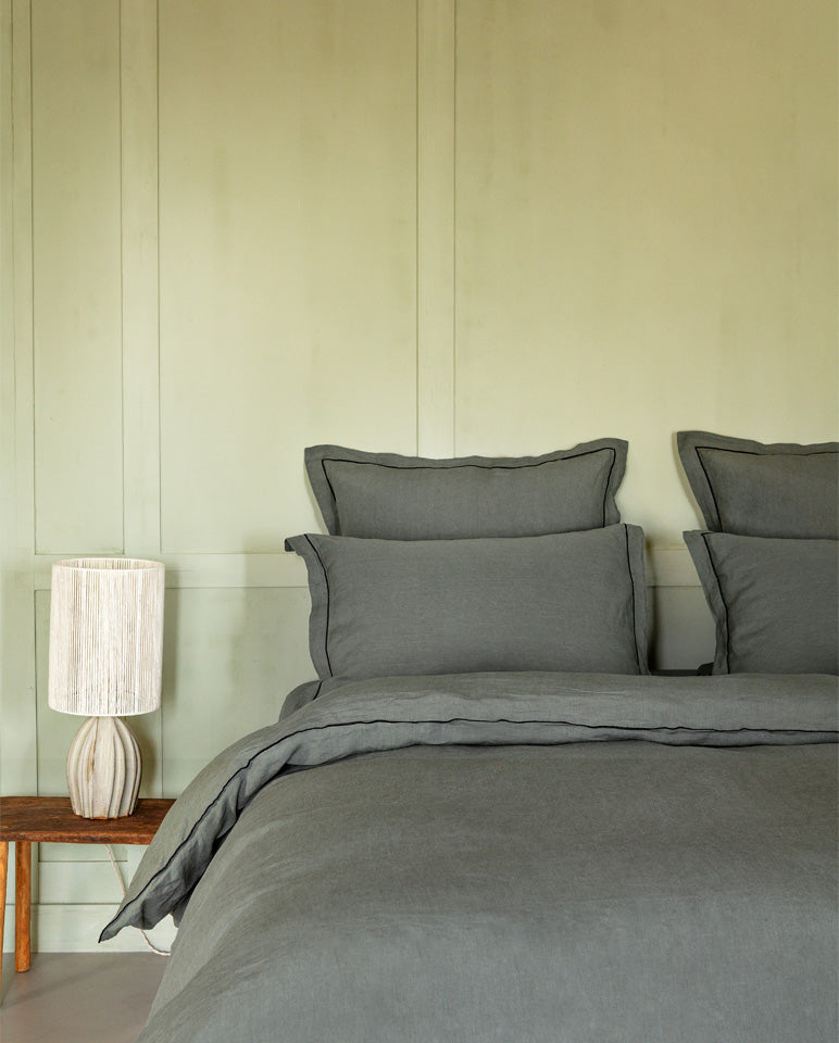 Housse De Couette - Lin - Finition Bourdon - Gris Laurier Liseré Noir