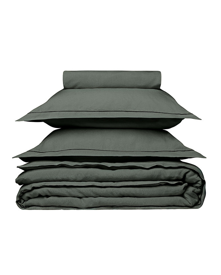 Housse De Couette - Lin - Finition Bourdon - Gris Laurier Liseré Noir
