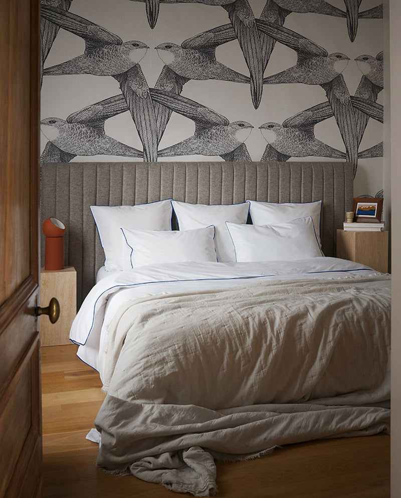 Housse De Couette - Percale De Coton - Blanc Liseré Bleu Cobalt