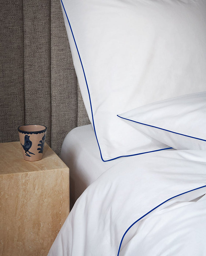 Housse De Couette - Percale De Coton - Blanc Liseré Bleu Cobalt