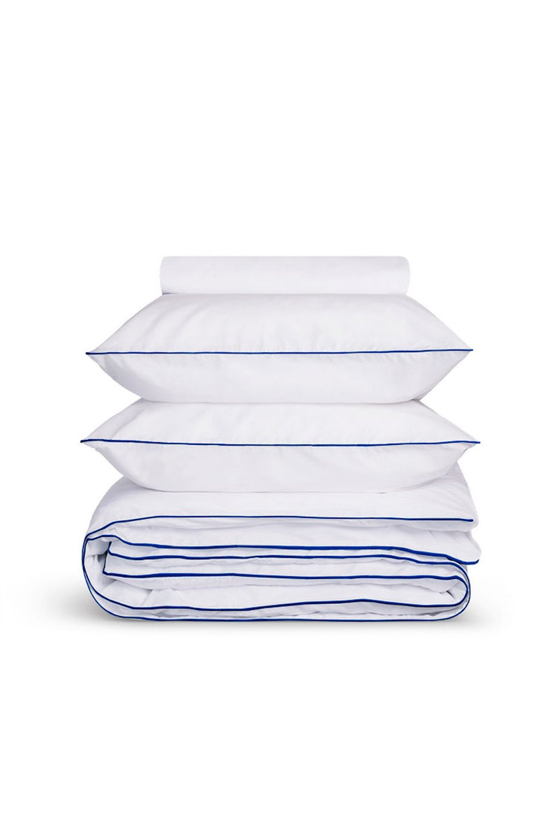 Housse De Couette - Percale De Coton - Blanc Liseré Bleu Cobalt