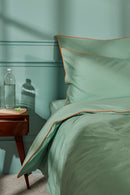 Housse De Couette - Percale De Coton - Vert Lichen Liseré Brun Acquilain