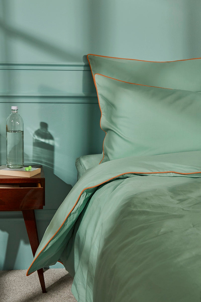 Housse De Couette - Percale De Coton - Vert Lichen Liseré Brun Acquilain