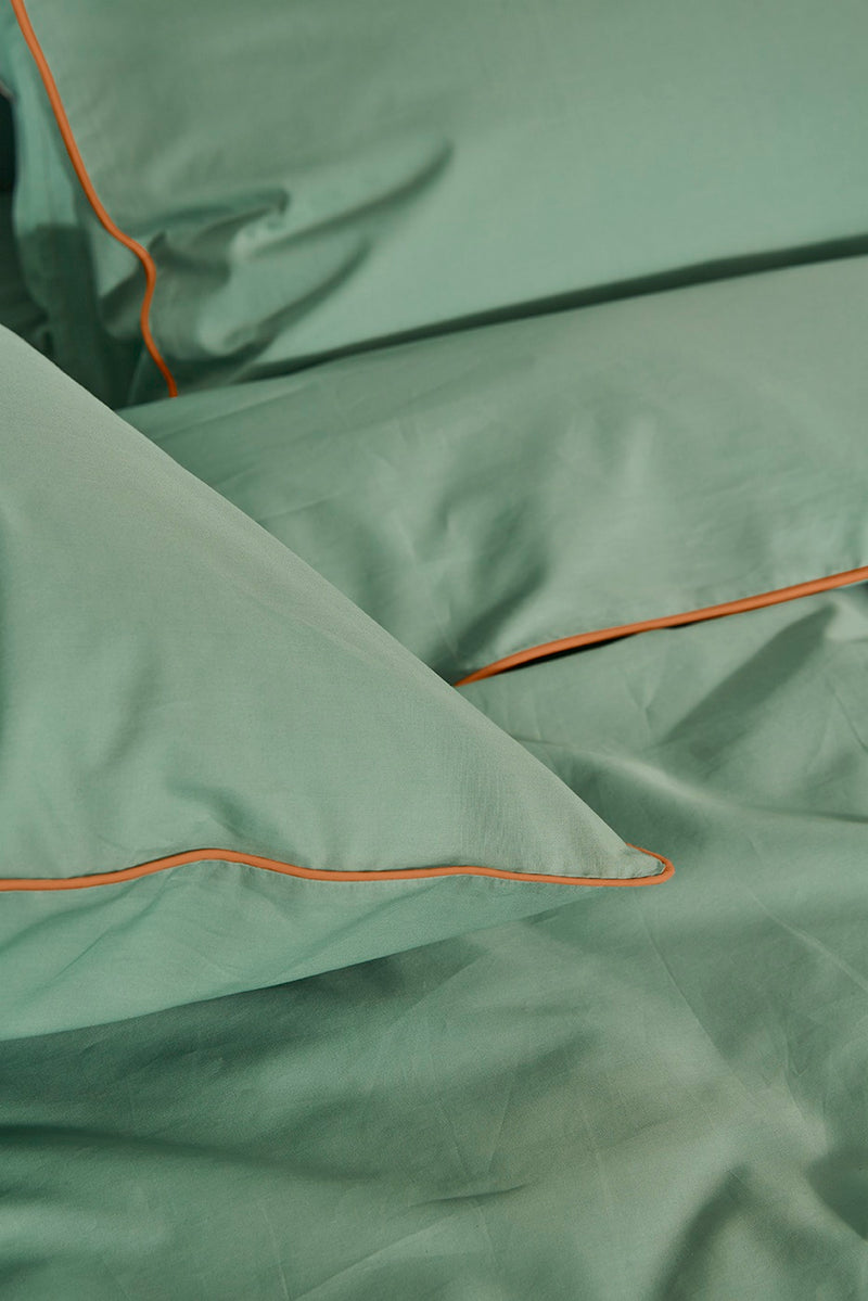 Housse De Couette - Percale De Coton - Vert Lichen Liseré Brun Acquilain