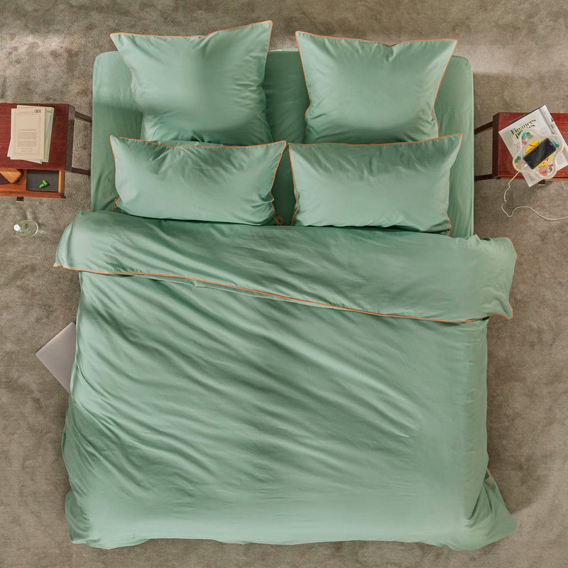 Housse De Couette - Percale De Coton - Vert Lichen Liseré Brun Acquilain