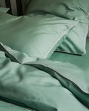 Housse De Couette - Percale De Coton - Vert Lichen Liseré Rose Nymphe