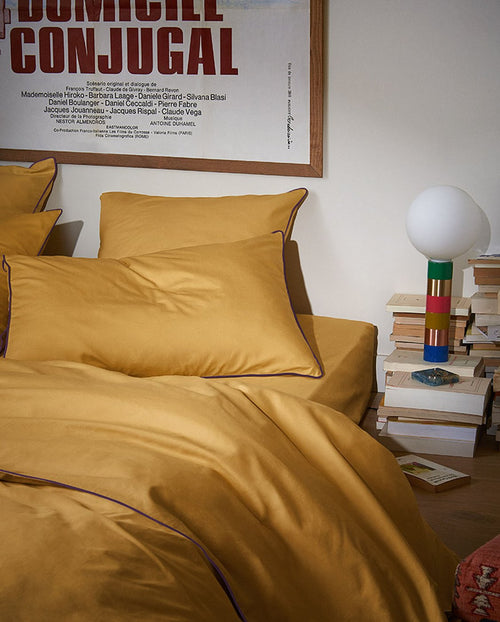 Housse De Couette - Percale De Coton - Ocre Liseré Aubergine